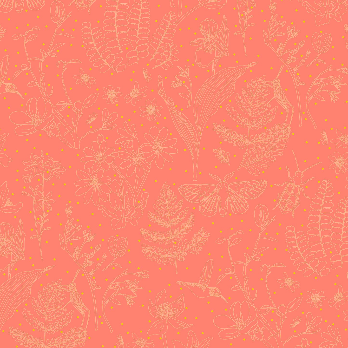 line drawn garden elements in cream on a coral ground with tiny yellow dots, printed on fabric