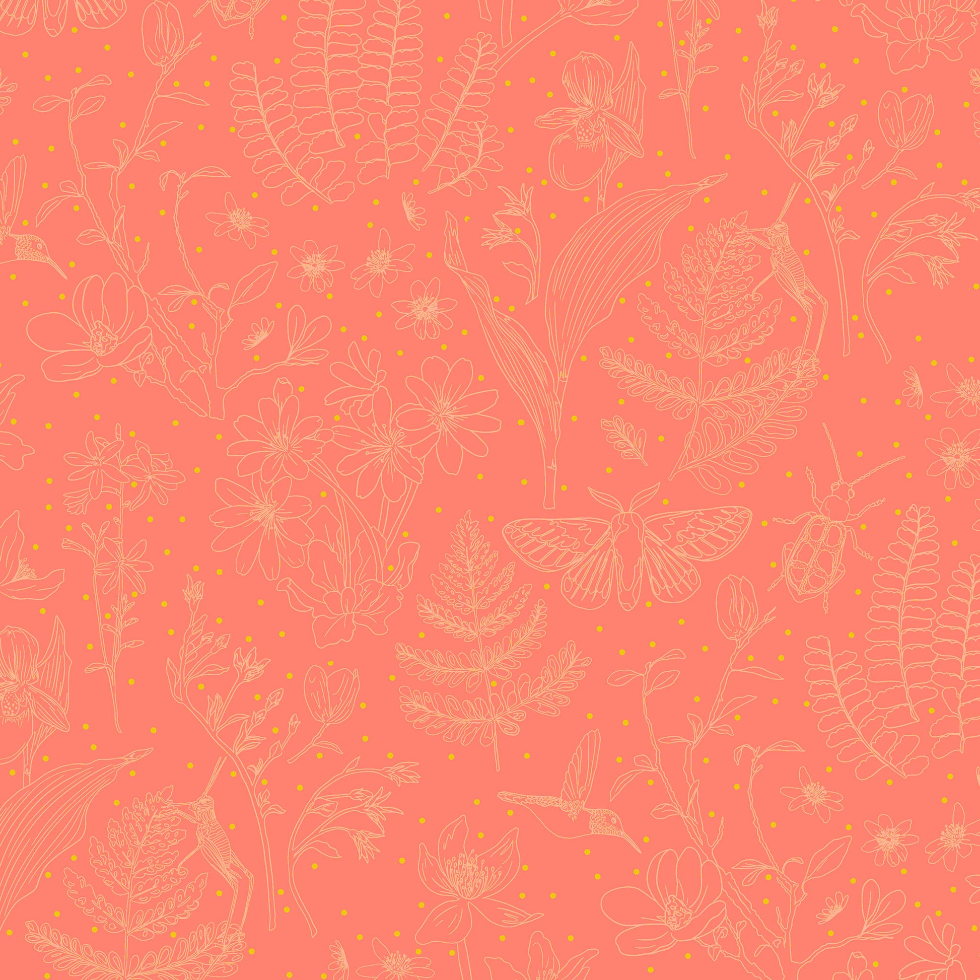 line drawn garden elements in cream on a coral ground with tiny yellow dots, printed on fabric