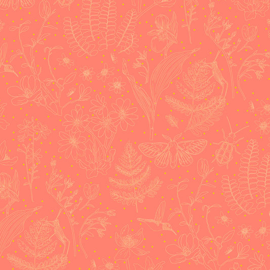 line drawn garden elements in cream on a coral ground with tiny yellow dots, printed on fabric