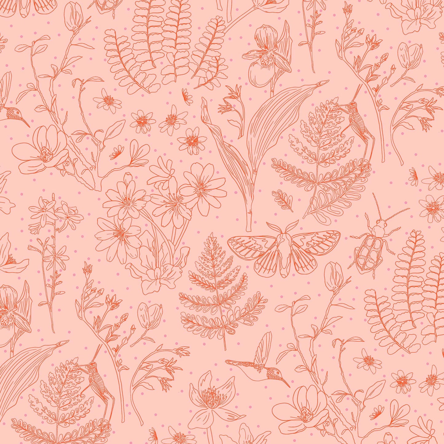 line drawn garden elements in dark coral on a light coral ground with tiny pink dots, printed on fabric