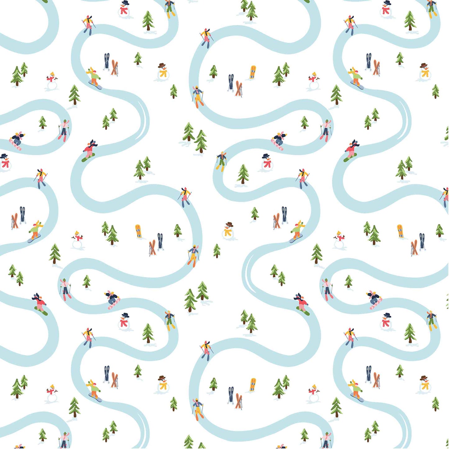 Pattern of people skiing and snowboarding and trees along winding ski trails on a white background