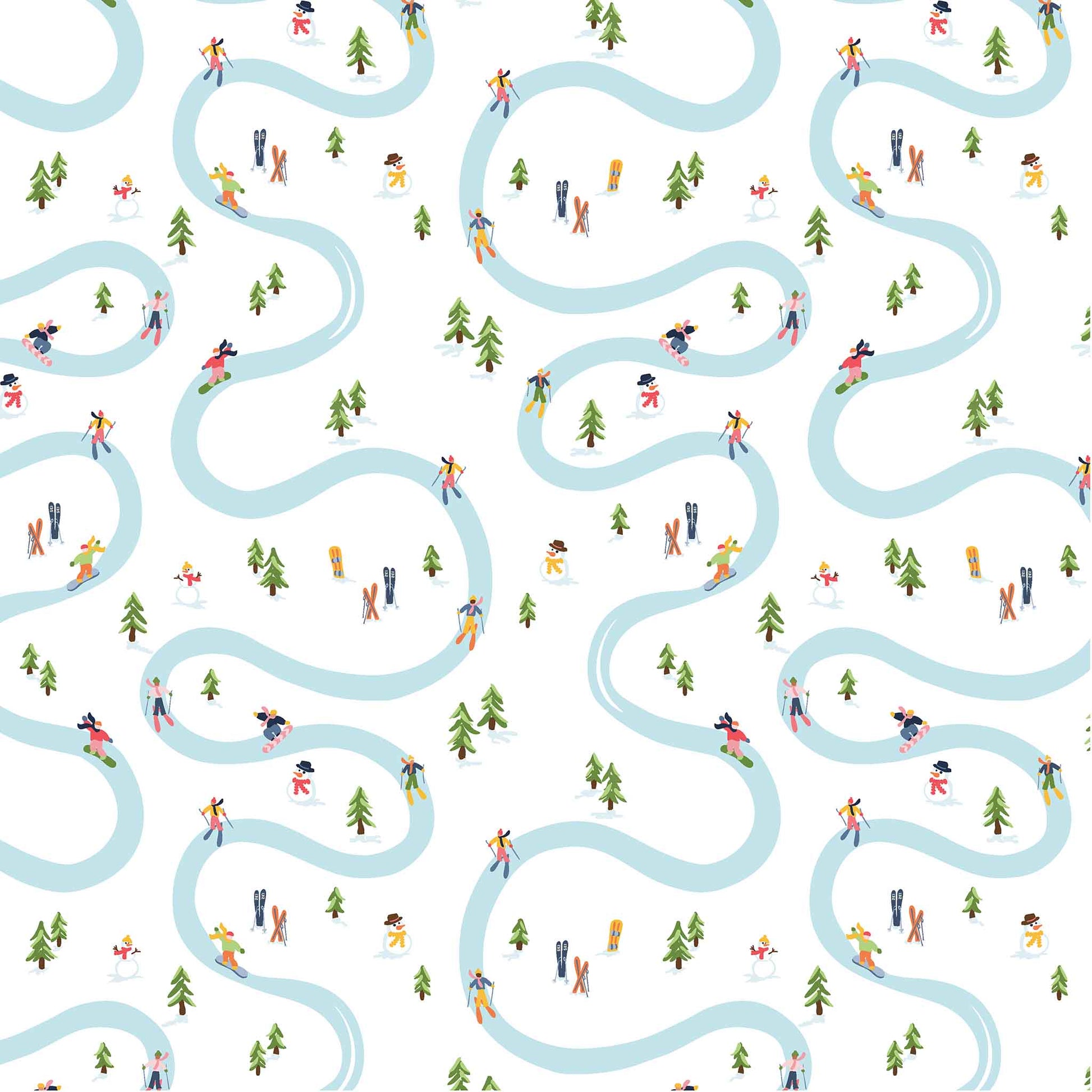 Pattern of people skiing and snowboarding and trees along winding ski trails on a white background