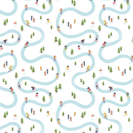Pattern of people skiing and snowboarding and trees along winding ski trails on a white background