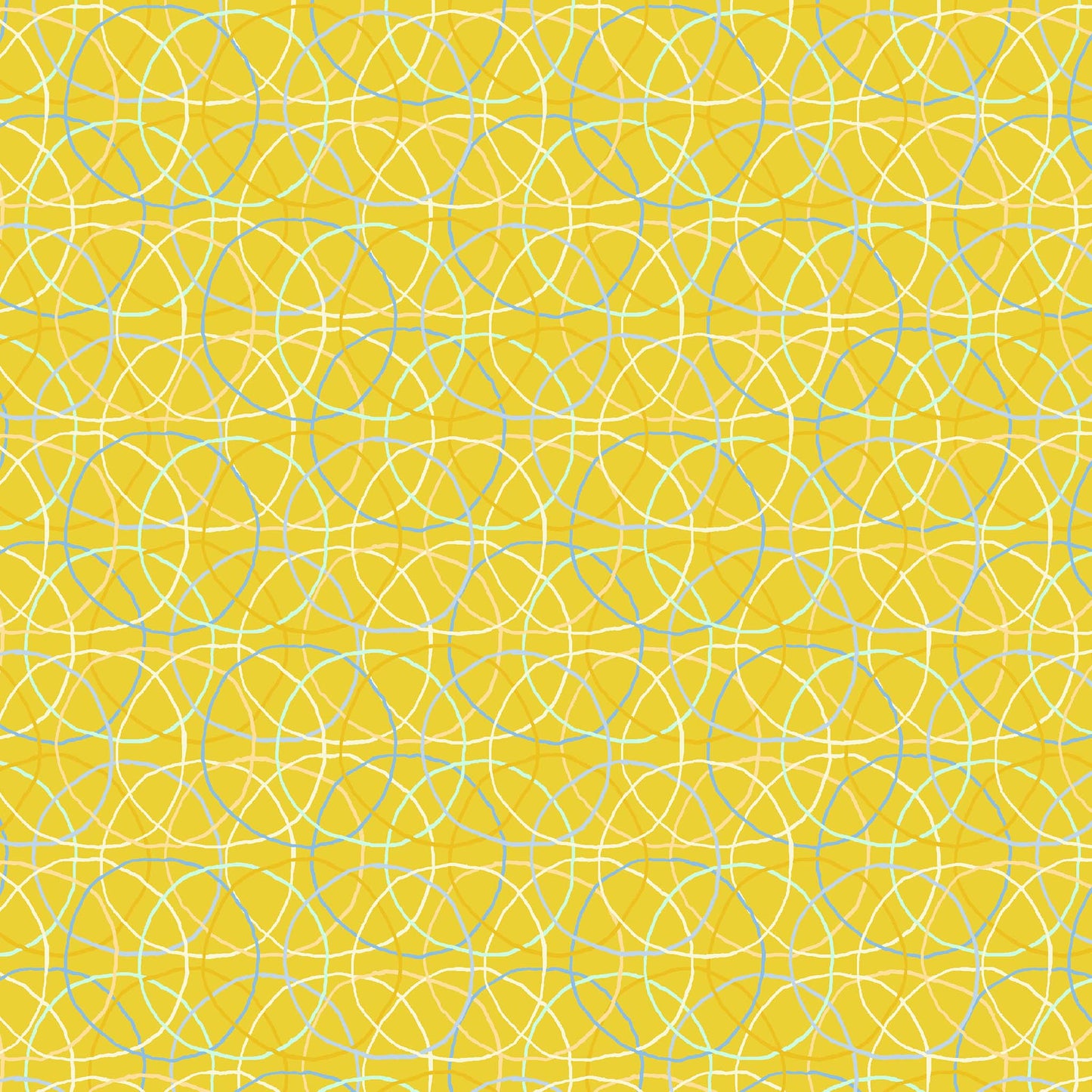 blue, cream and yellow rings in an overlapping pattern on a yellow ground, printed on fabric