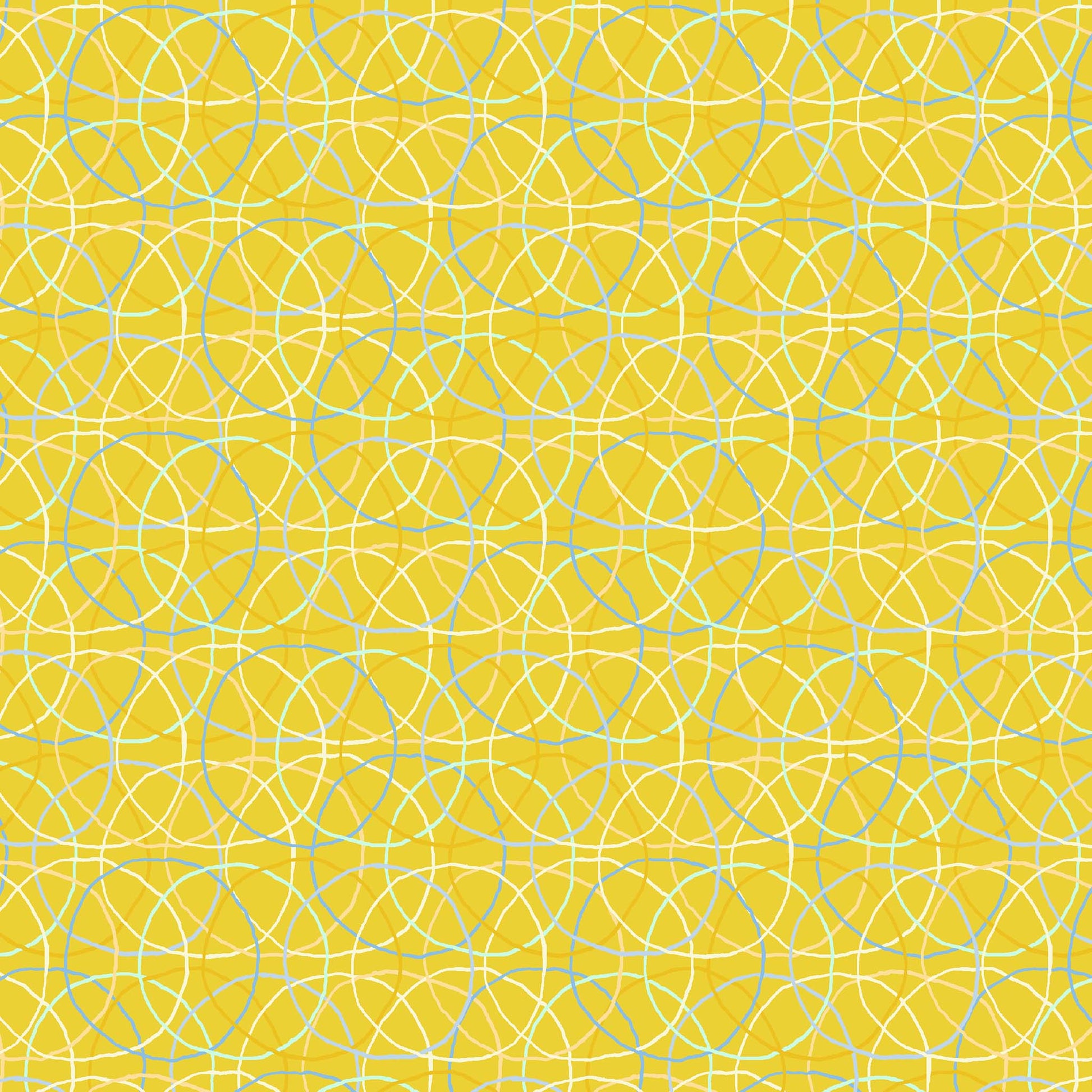 blue, cream and yellow rings in an overlapping pattern on a yellow ground, printed on fabric