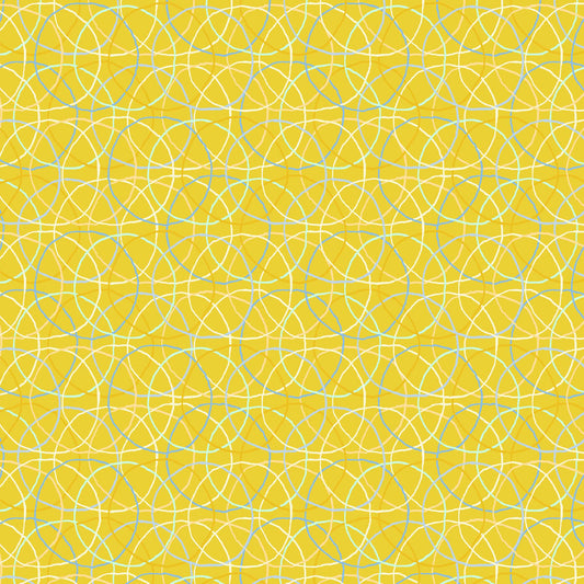 blue, cream and yellow rings in an overlapping pattern on a yellow ground, printed on fabric