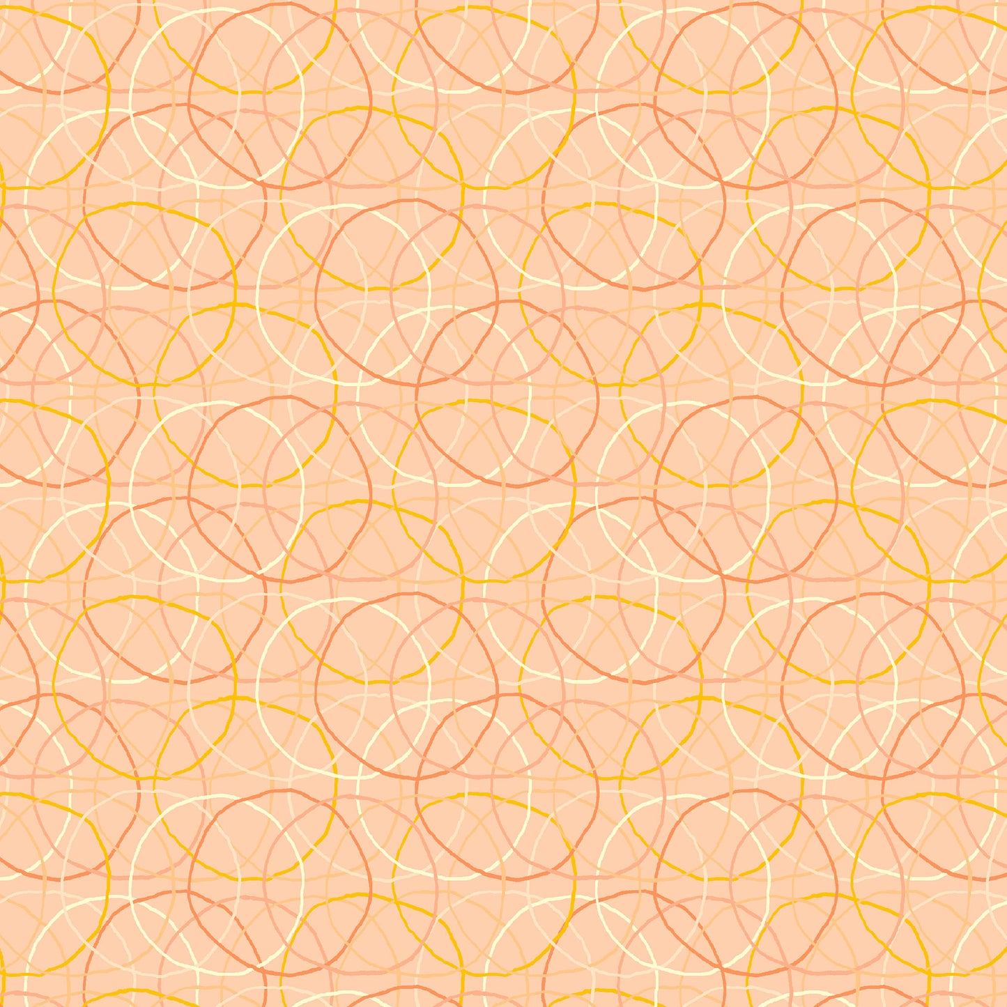 coral, cream and yellow rings in an overlapping pattern on a light pink ground, printed on fabric