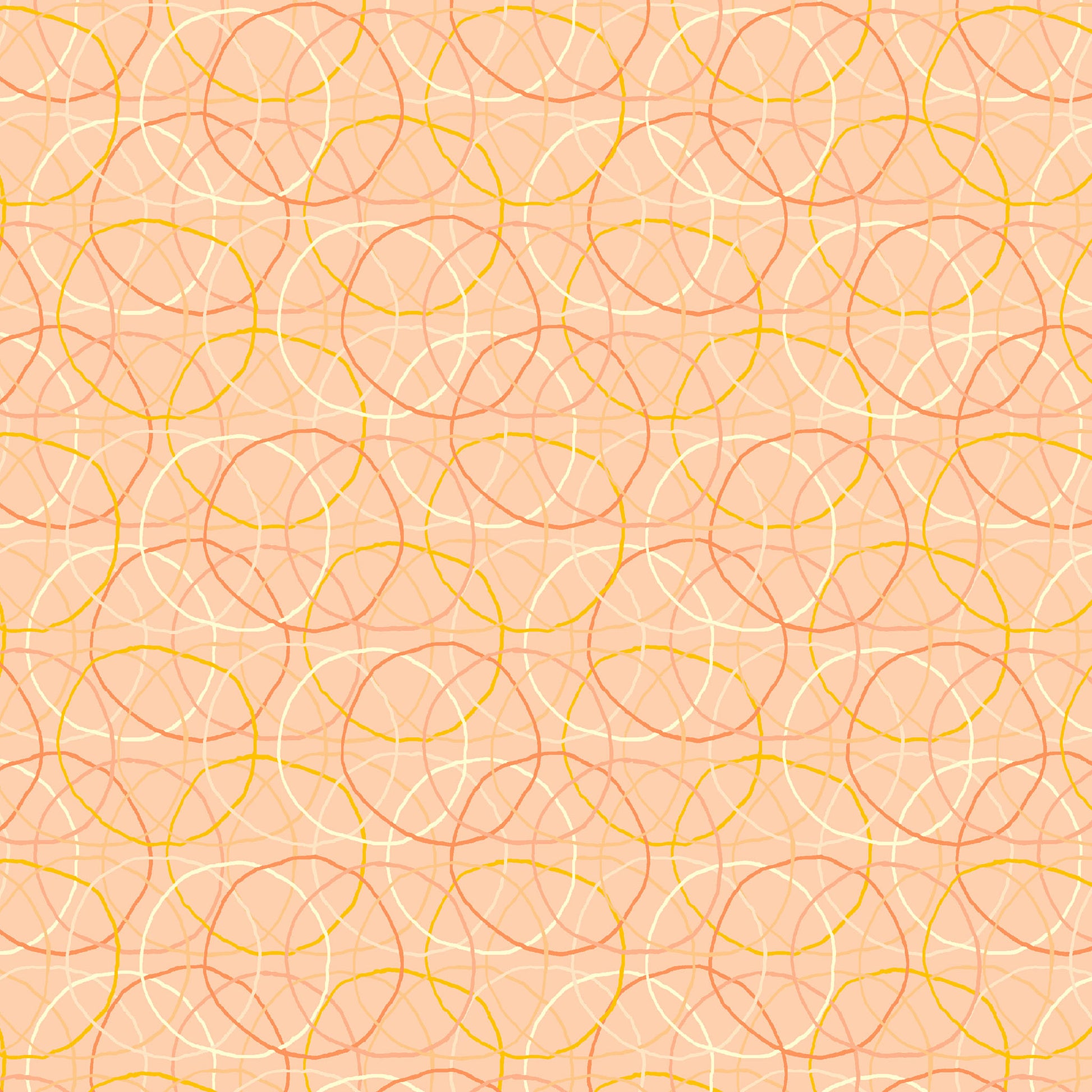 coral, cream and yellow rings in an overlapping pattern on a light pink ground, printed on fabric