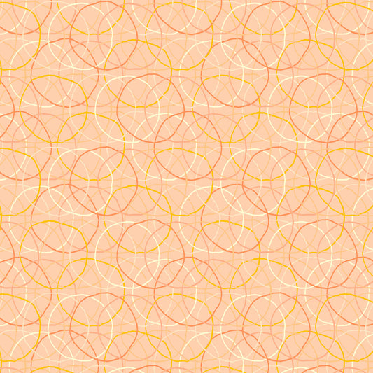 coral, cream and yellow rings in an overlapping pattern on a light pink ground, printed on fabric