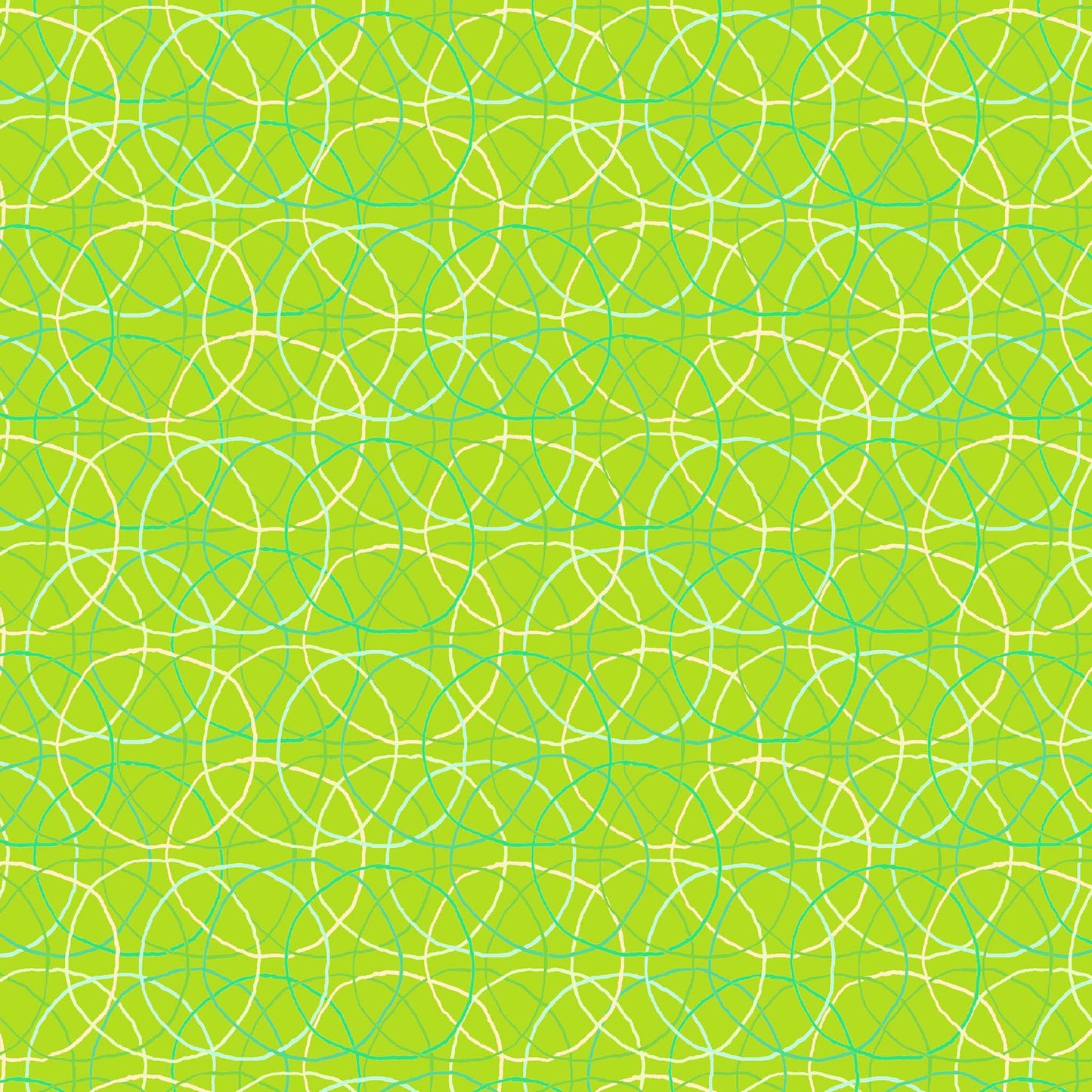 teal, green and cream rings in an overlapping pattern on a bright green ground, printed on fabric