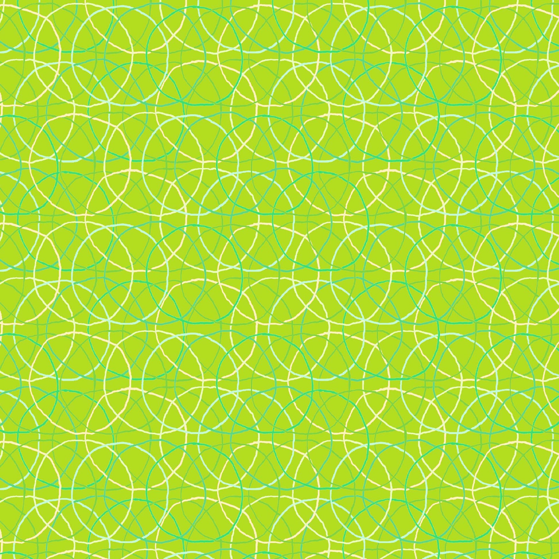 teal, green and cream rings in an overlapping pattern on a bright green ground, printed on fabric