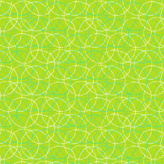 teal, green and cream rings in an overlapping pattern on a bright green ground, printed on fabric