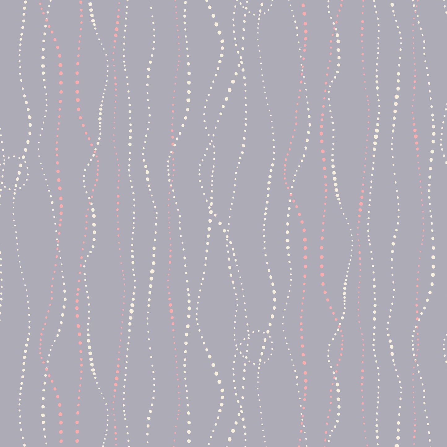 tiny white and light pink dots moving in organic vertical lines on a light greay ground, printed on fabric