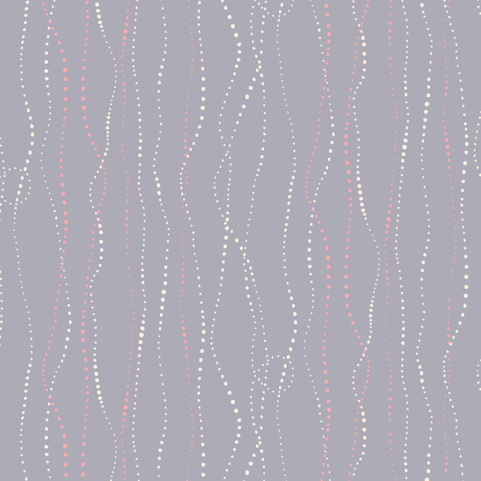 tiny white and light pink dots moving in organic vertical lines on a light greay ground, printed on fabric