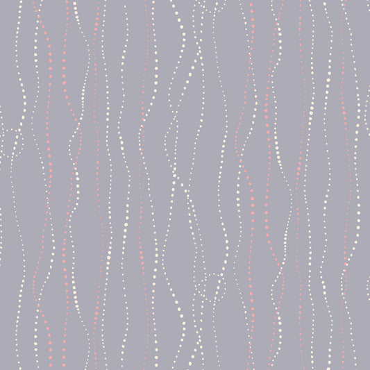 tiny white and light pink dots moving in organic vertical lines on a light greay ground, printed on fabric