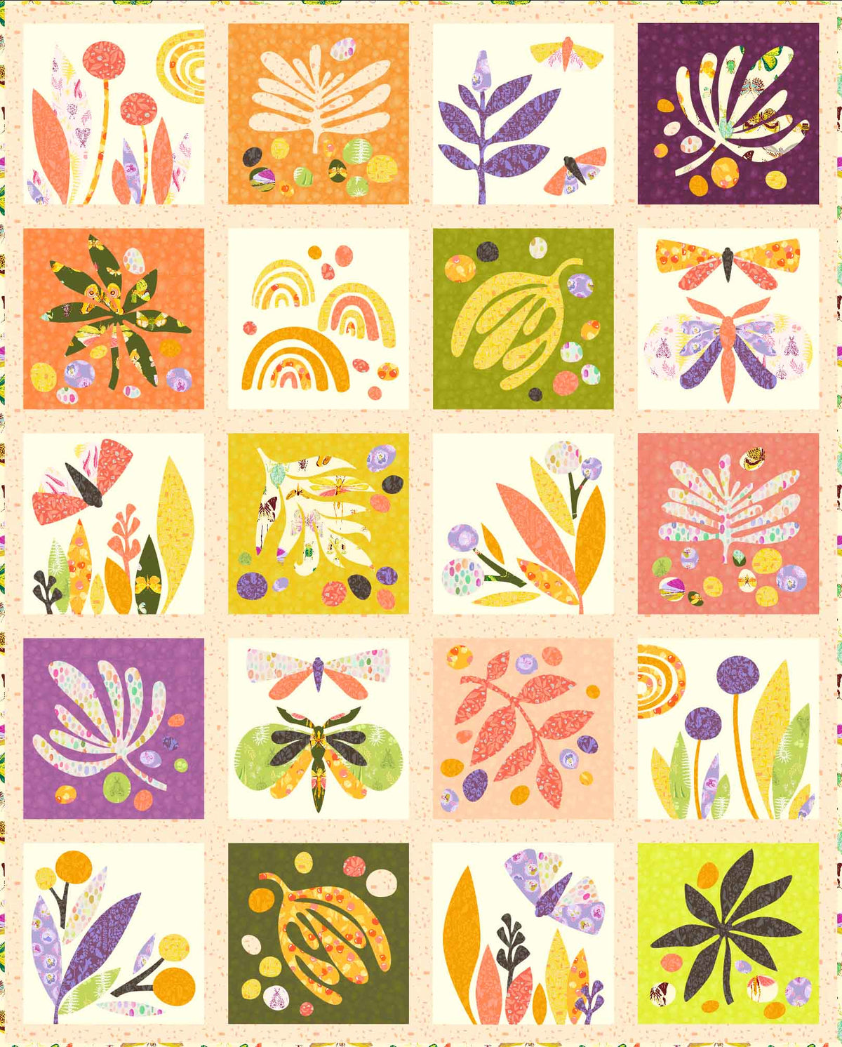 A 20-block quilt featuring organic leaves and butterflies on warm coloured and cream grounds with speckled sashing