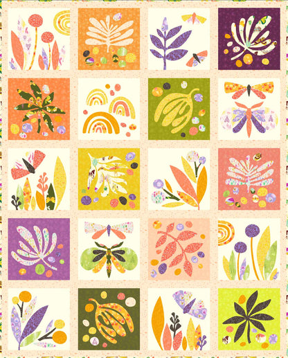 A 20-block quilt featuring organic leaves and butterflies on warm coloured and cream grounds with speckled sashing