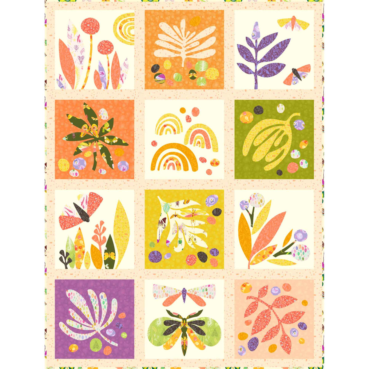 A 12-block quilt featuring organic leaves and butterflies on warm coloured and cream grounds with speckled sashing