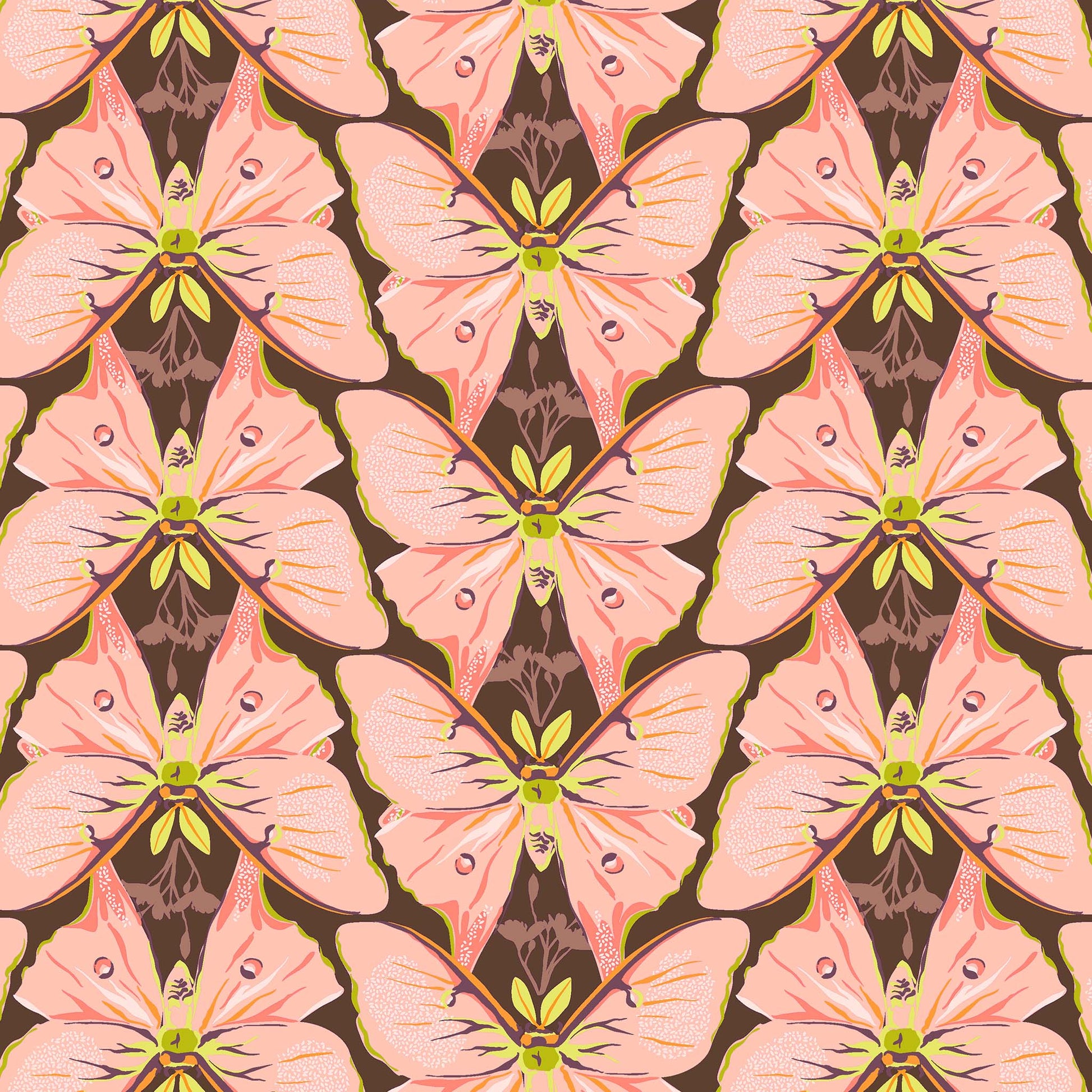 illustrated soft salmon-pink coloured luna moths in repeating rows with bright green antennae on a dark brown ground, printed on fabric