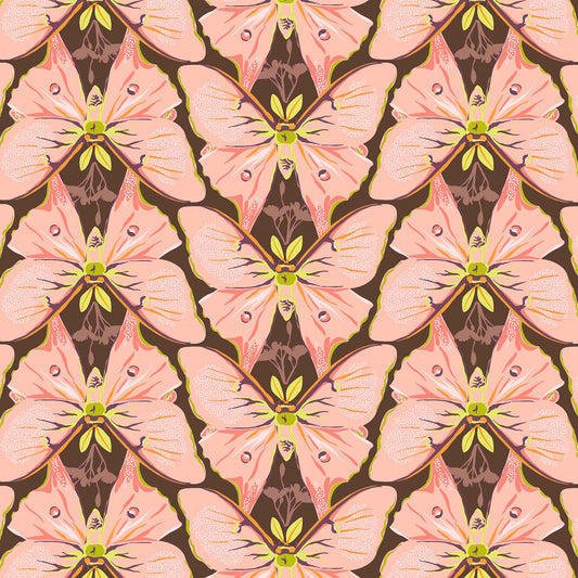 illustrated soft salmon-pink coloured luna moths in repeating rows with bright green antennae on a dark brown ground, printed on fabric