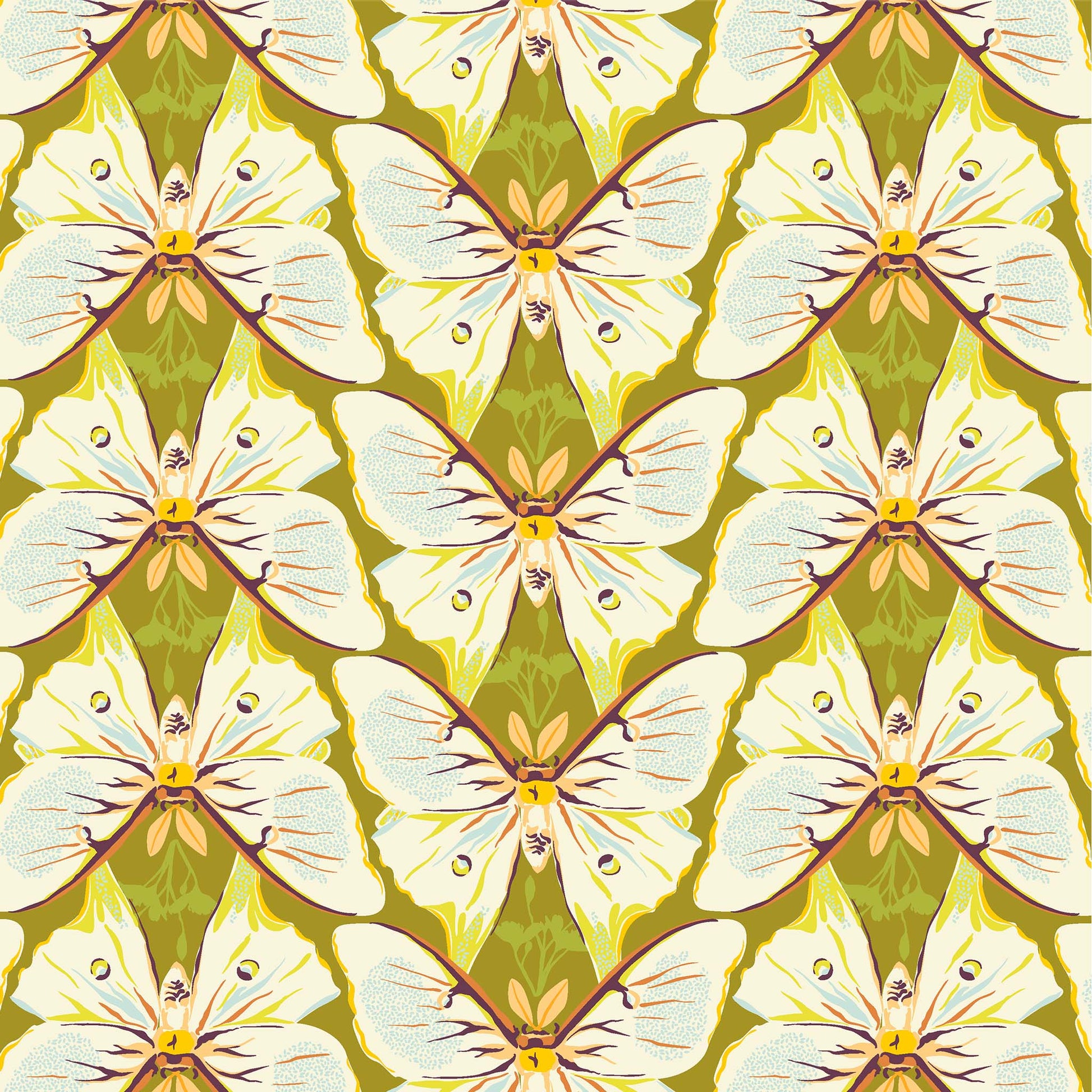 illustrated cream coloured luna moths in repeating rows with soft orange antennae on a medium olive ground, printed on fabric
