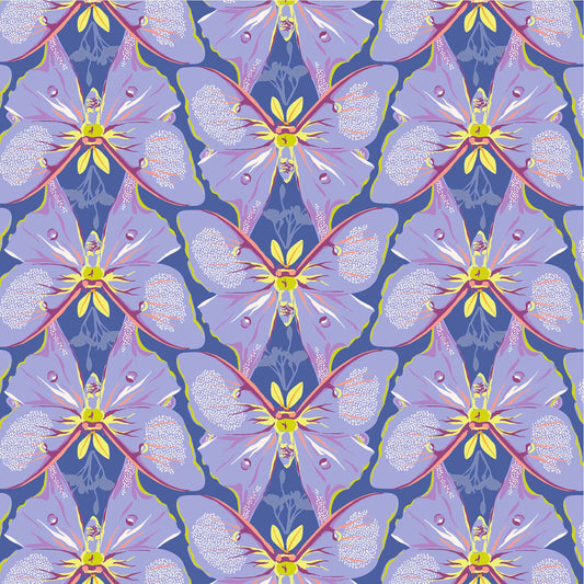 illustrated soft lavender coloured luna moths in repeating rows with bright green antennae on a rich purple-blue ground, printed on fabric