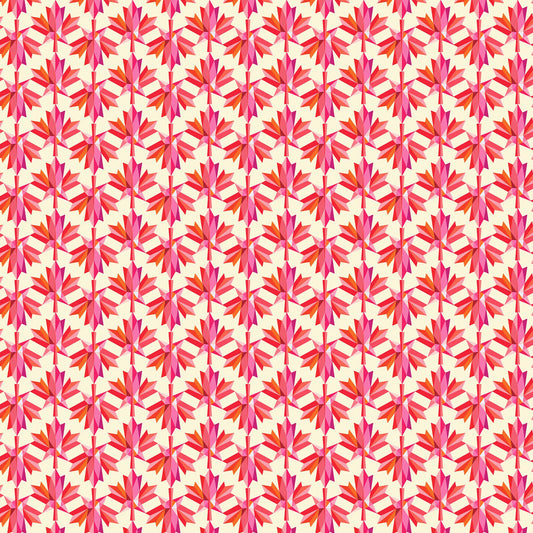 geometric maple leaves in a range of reds in a regimented layout on a cream ground, printed on fabric