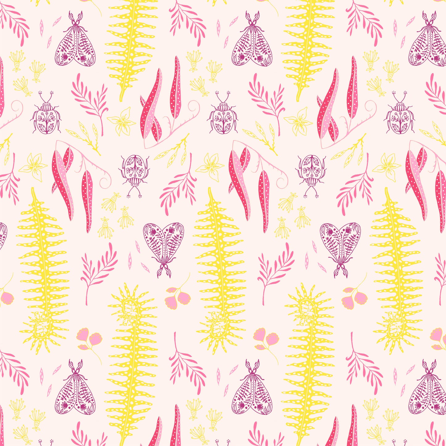 tall yellow fern fronds, pink leaves and insect illustrations in a repeat pattern on a soft pink ground