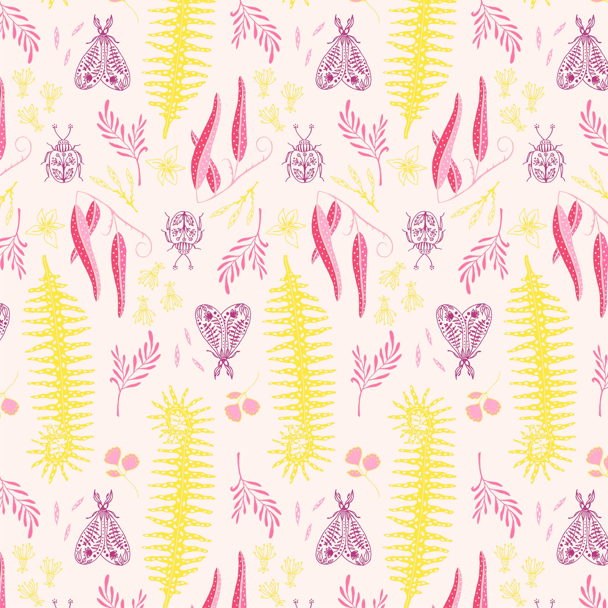 tall yellow fern fronds, pink leaves and insect illustrations in a repeat pattern on a soft pink ground