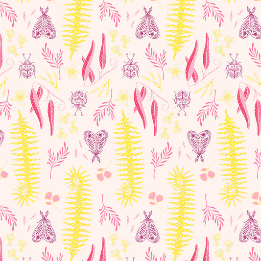 tall yellow fern fronds, pink leaves and insect illustrations in a repeat pattern on a soft pink ground