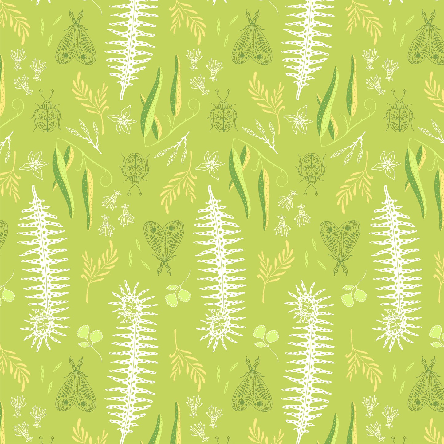 tall white fern fronds, green and yellow leaves and insect illustrations in a repeat pattern on a lime ground, printed on fabric