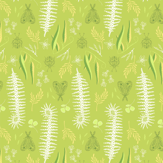 tall white fern fronds, green and yellow leaves and insect illustrations in a repeat pattern on a lime ground, printed on fabric