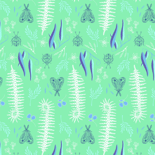 tall white fern fronds, blue leaves and insect illustrations in a repeat pattern on a bright turquoise ground