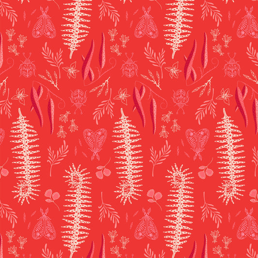 tall white fern fronds, coral leaves and insect illustrations in a repeat pattern on a bold red ground, printed on fabric