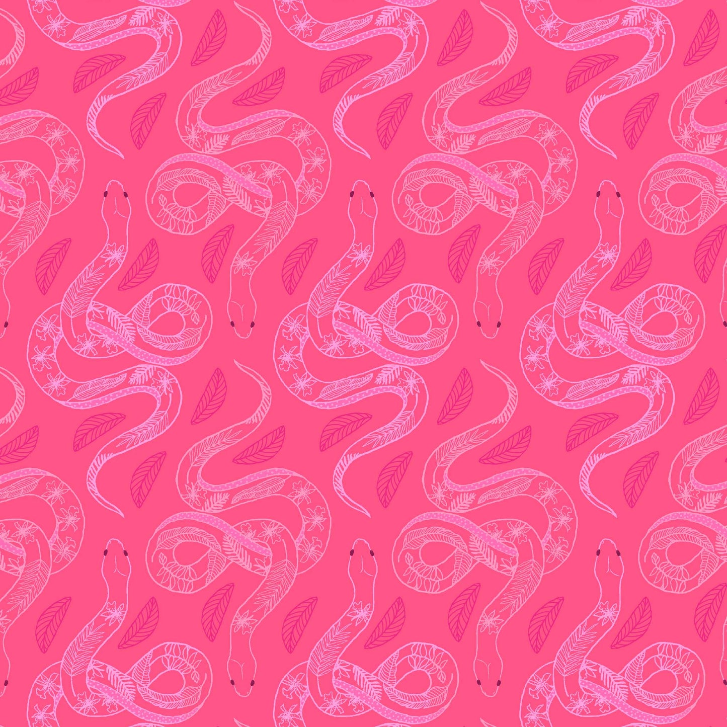 line drawn snakes in a repeat pattern with leaf patterns on their backs in light pink on a bright magenta ground, printed on fabric