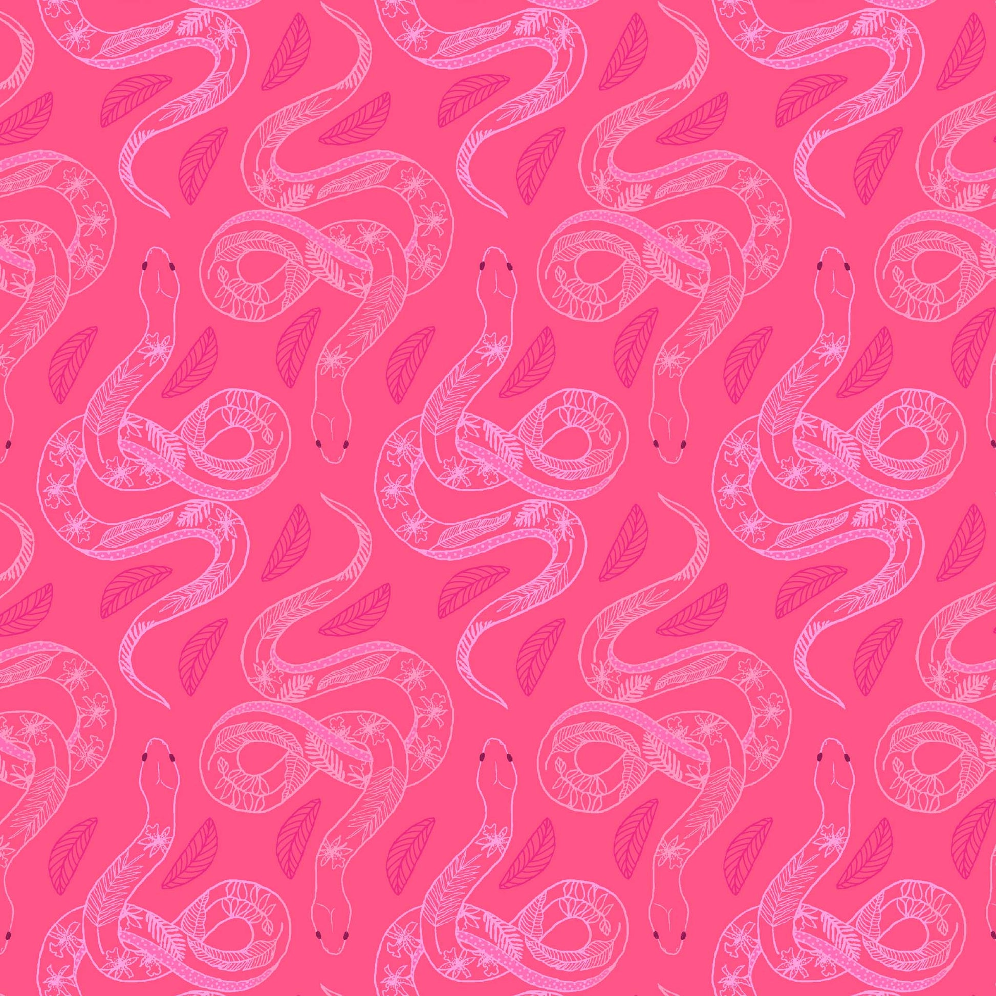 line drawn snakes in a repeat pattern with leaf patterns on their backs in light pink on a bright magenta ground, printed on fabric