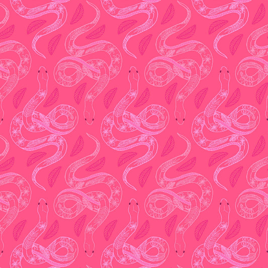 line drawn snakes in a repeat pattern with leaf patterns on their backs in light pink on a bright magenta ground, printed on fabric