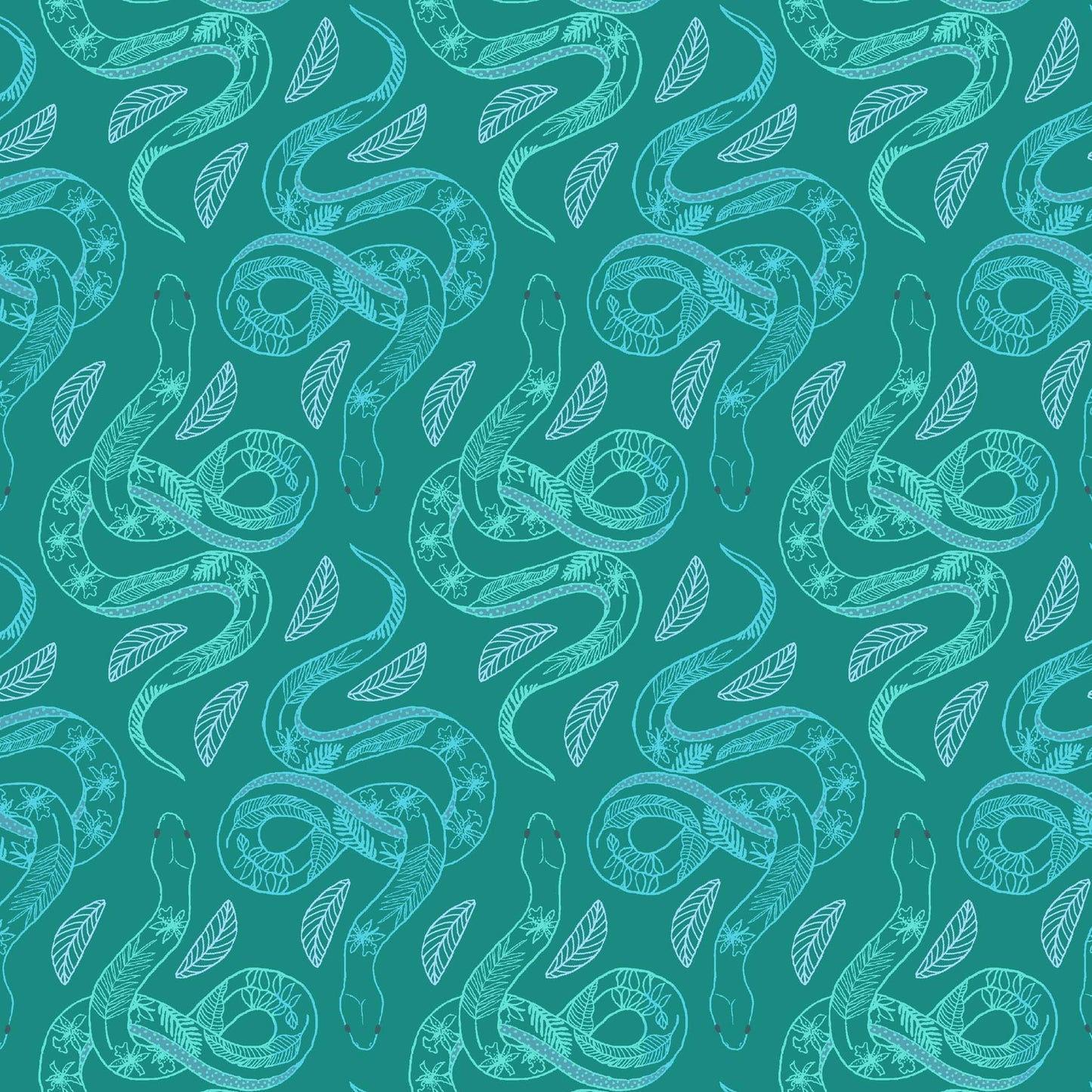 line drawn snakes in a repeat pattern with leaf patterns on their backs in light turquoise on a dark teal ground, printed on fabric