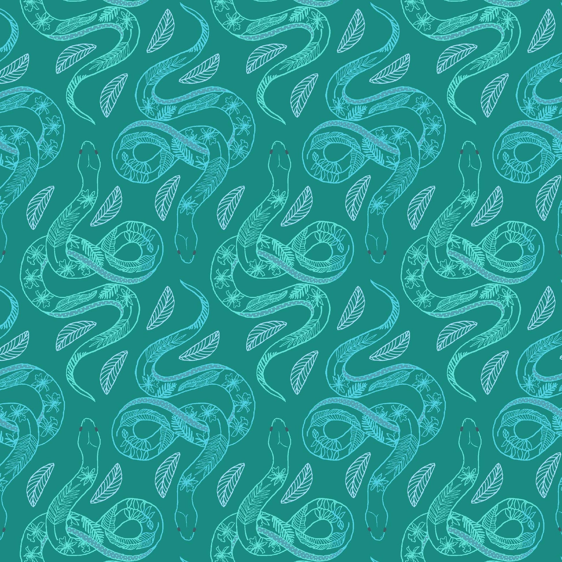 line drawn snakes in a repeat pattern with leaf patterns on their backs in light turquoise on a dark teal ground, printed on fabric