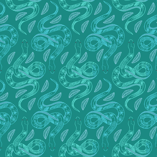 line drawn snakes in a repeat pattern with leaf patterns on their backs in light turquoise on a dark teal ground, printed on fabric