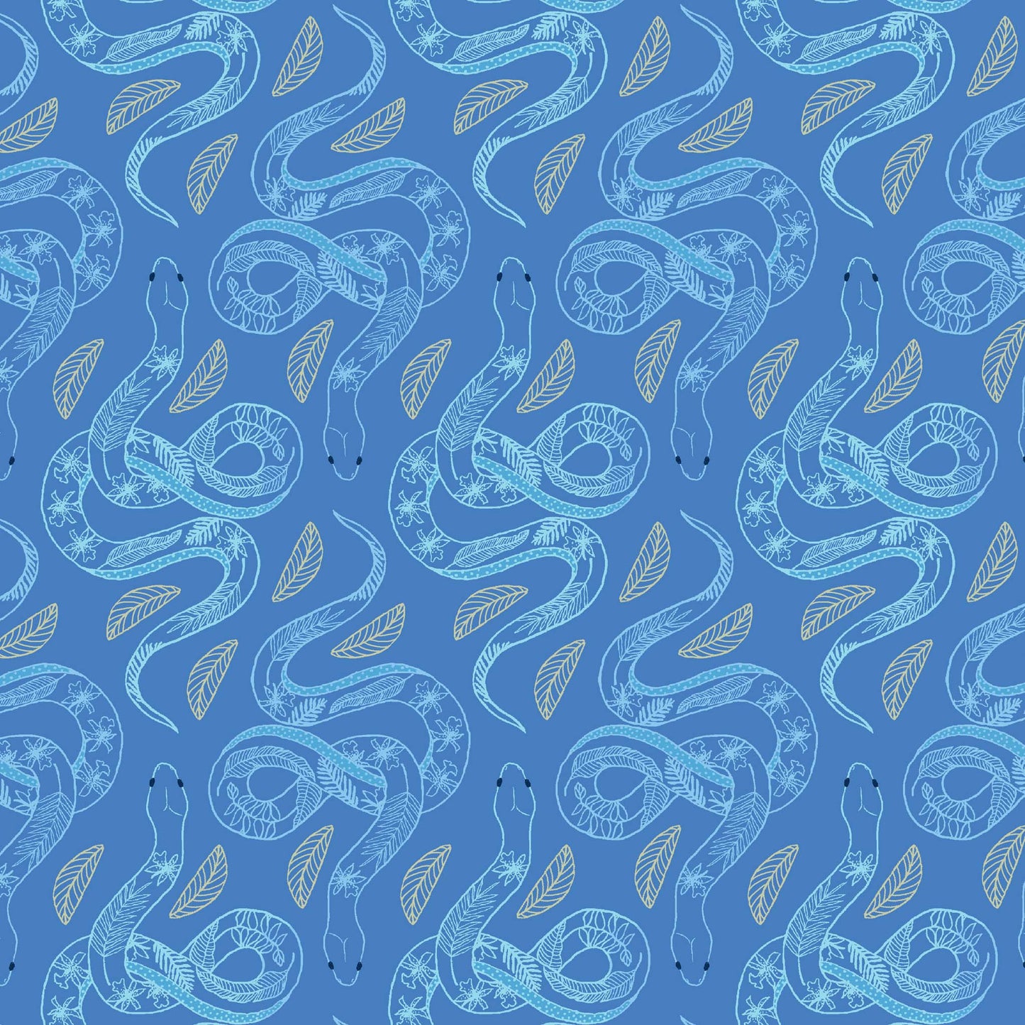 line drawn snakes in a repeat pattern with leaf patterns on their backs in light blue on a bold blue ground, printed on fabric