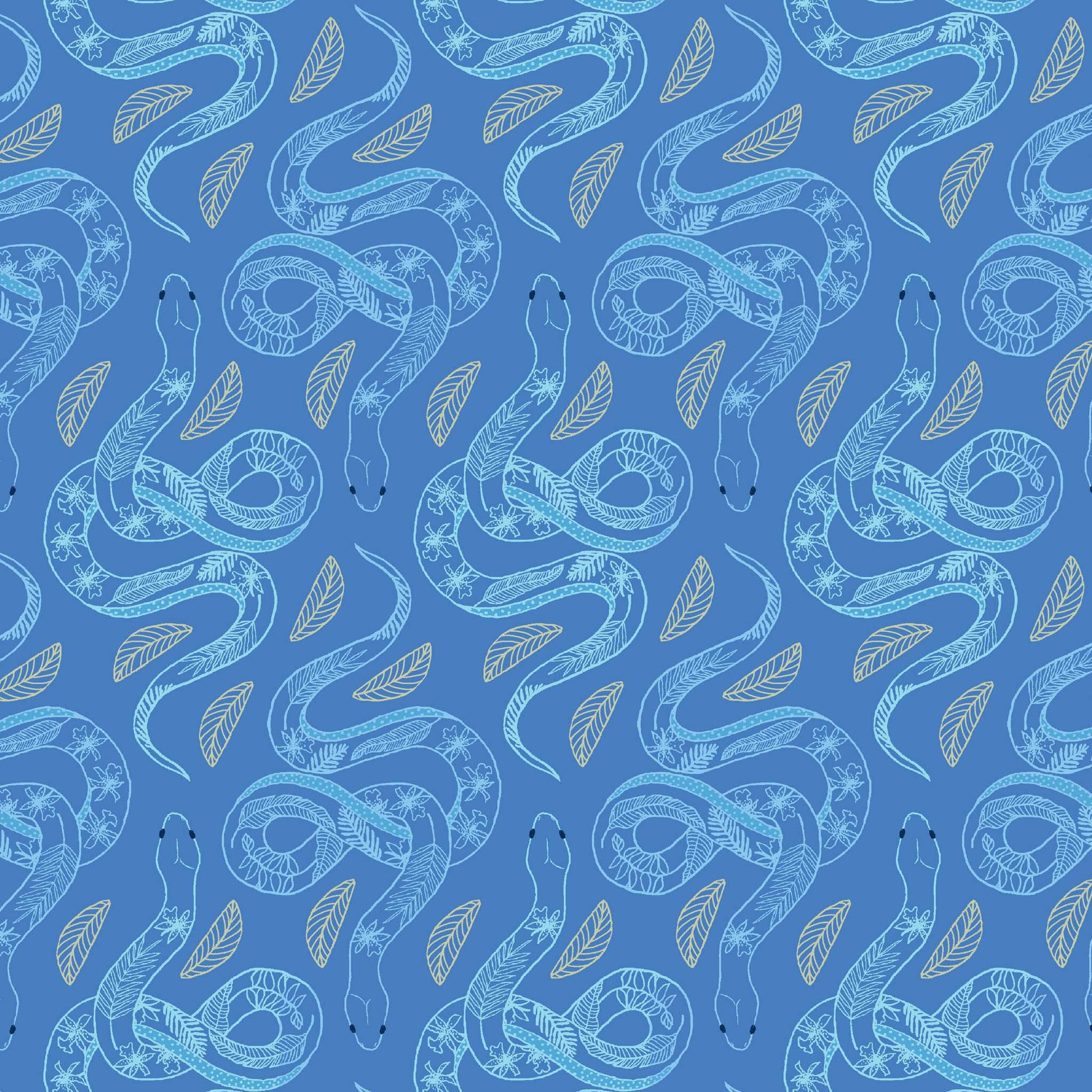 line drawn snakes in a repeat pattern with leaf patterns on their backs in light blue on a bold blue ground, printed on fabric