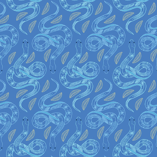 line drawn snakes in a repeat pattern with leaf patterns on their backs in light blue on a bold blue ground, printed on fabric