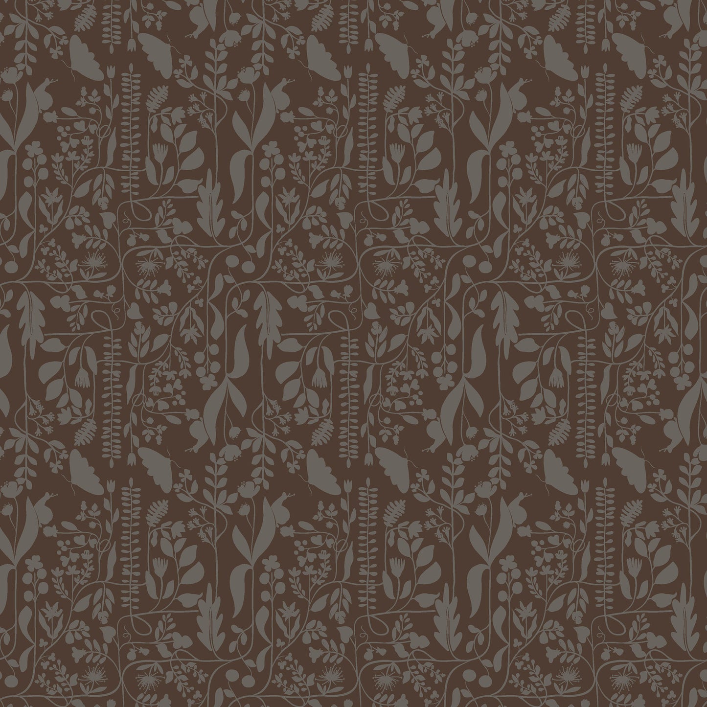 two tone repeat pattern of grey vines and butterflies on a dark brown ground, printed on fabric