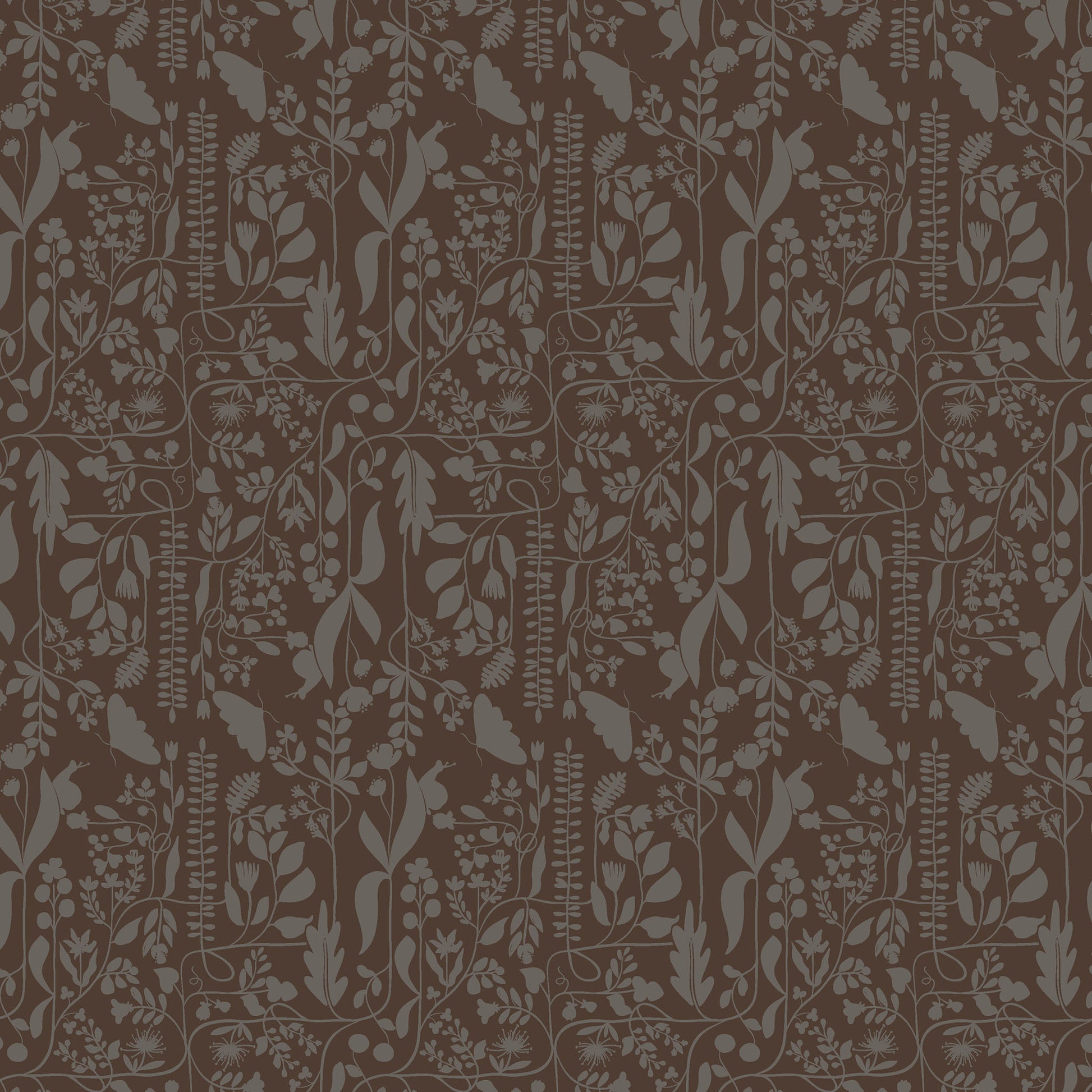 two tone repeat pattern of grey vines and butterflies on a dark brown ground, printed on fabric