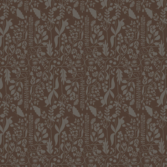 two tone repeat pattern of grey vines and butterflies on a dark brown ground, printed on fabric