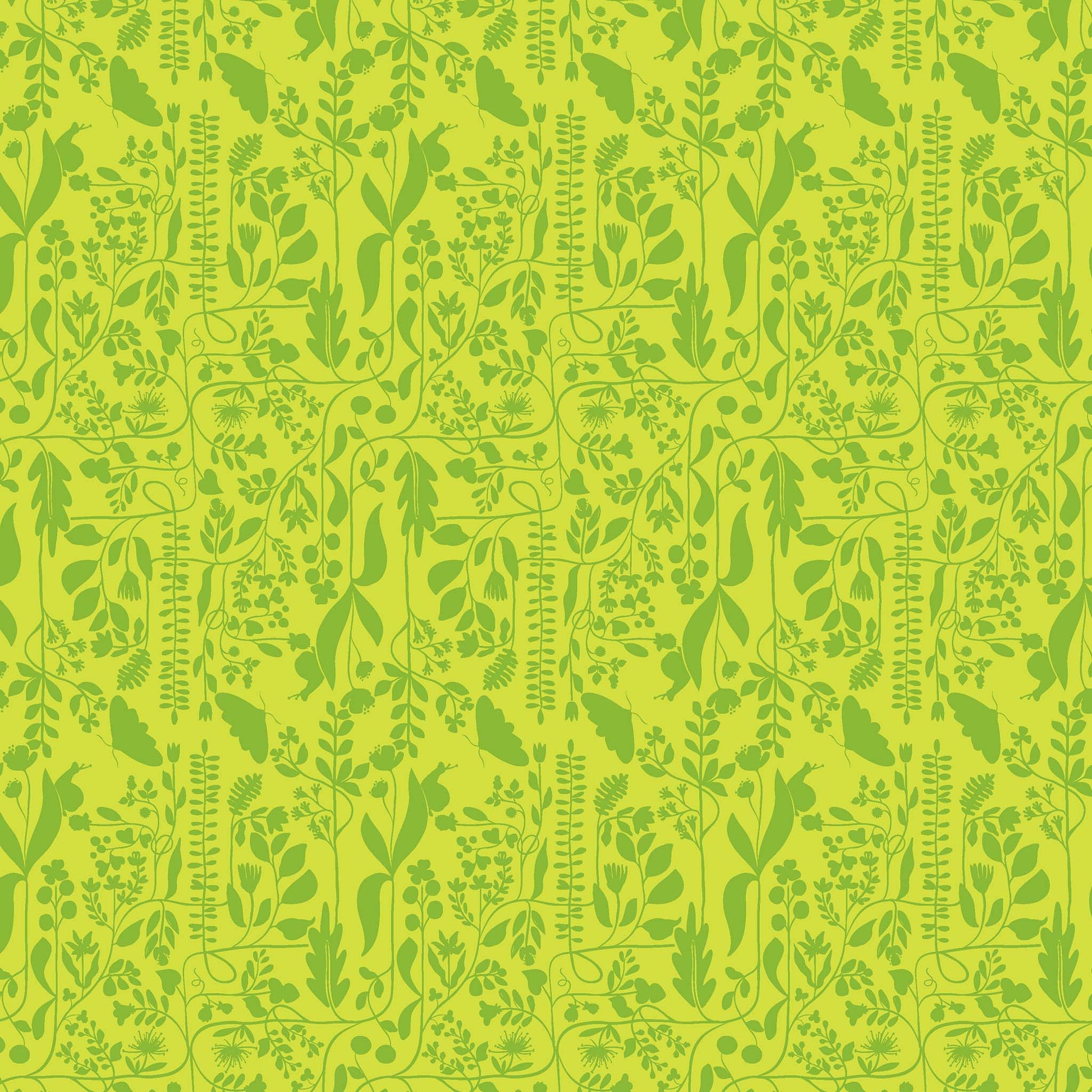 two tone repeat pattern of green vines and butterflies on a bright green ground, printed on fabric