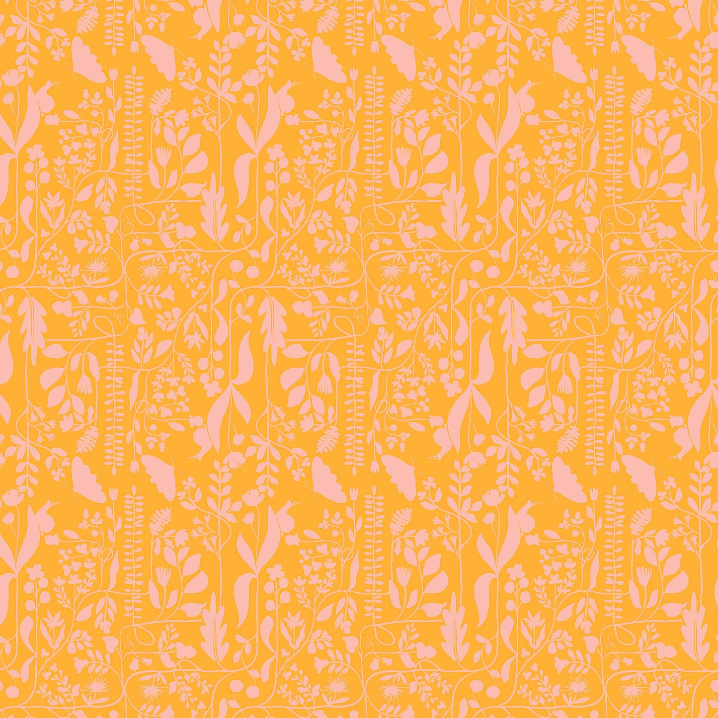 two tone repeat pattern of light pink vines and butterflies on a bright orange ground, printed on fabric