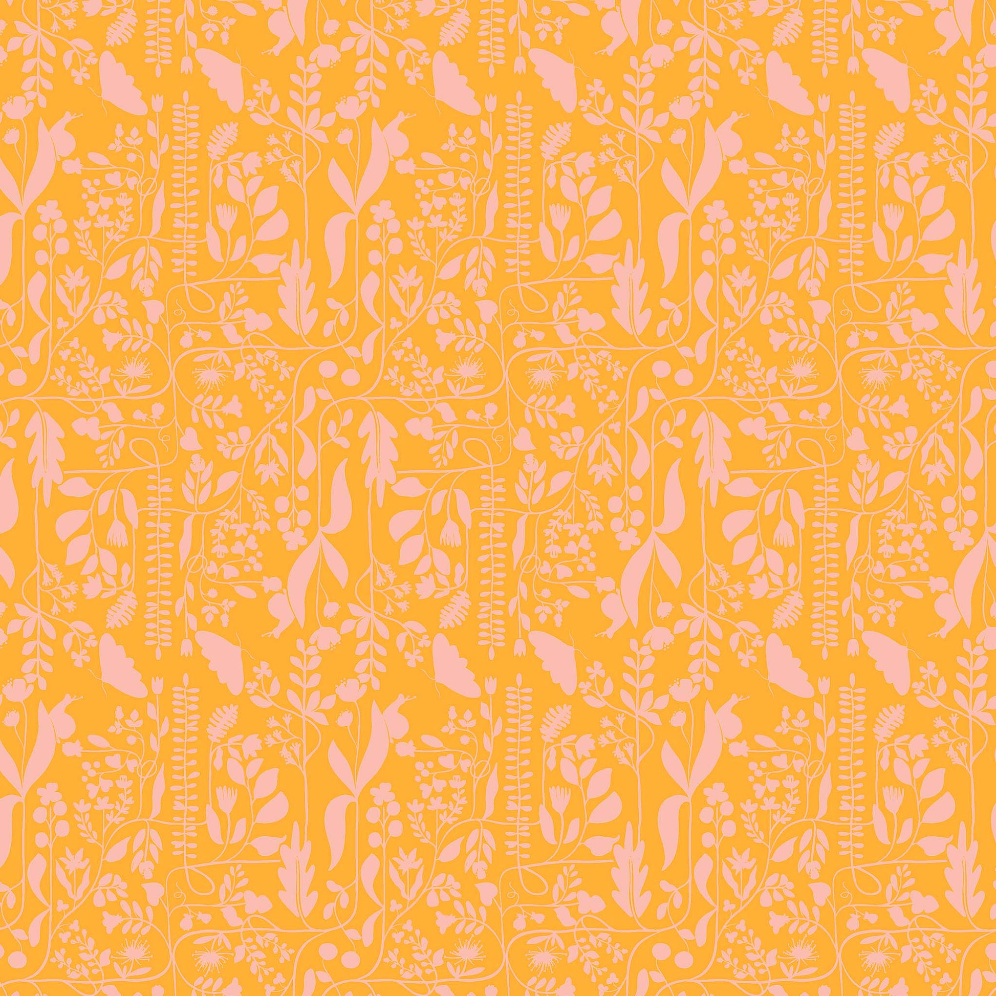 two tone repeat pattern of light pink vines and butterflies on a bright orange ground, printed on fabric