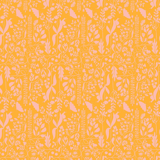 two tone repeat pattern of light pink vines and butterflies on a bright orange ground, printed on fabric